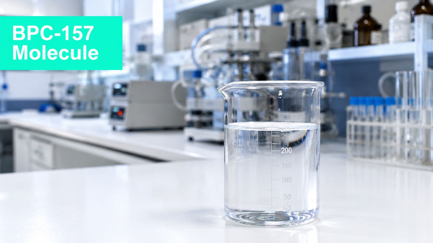 A clear glass beaker filled with liquid sits on a white laboratory bench with equipment in the background.