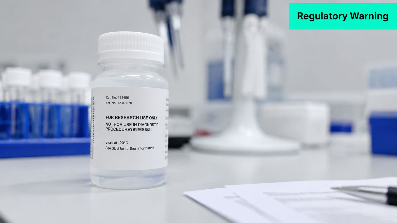 A chemical reagent bottle labeled for research use only sitting on a laboratory workbench.