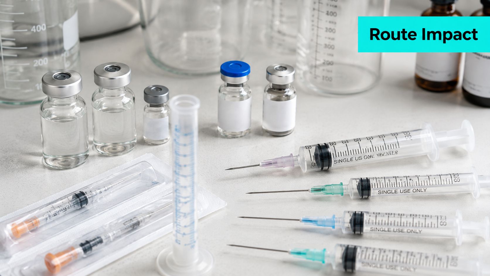 A laboratory table with various glass vials, syringes, and medical equipment for scientific research and administration.