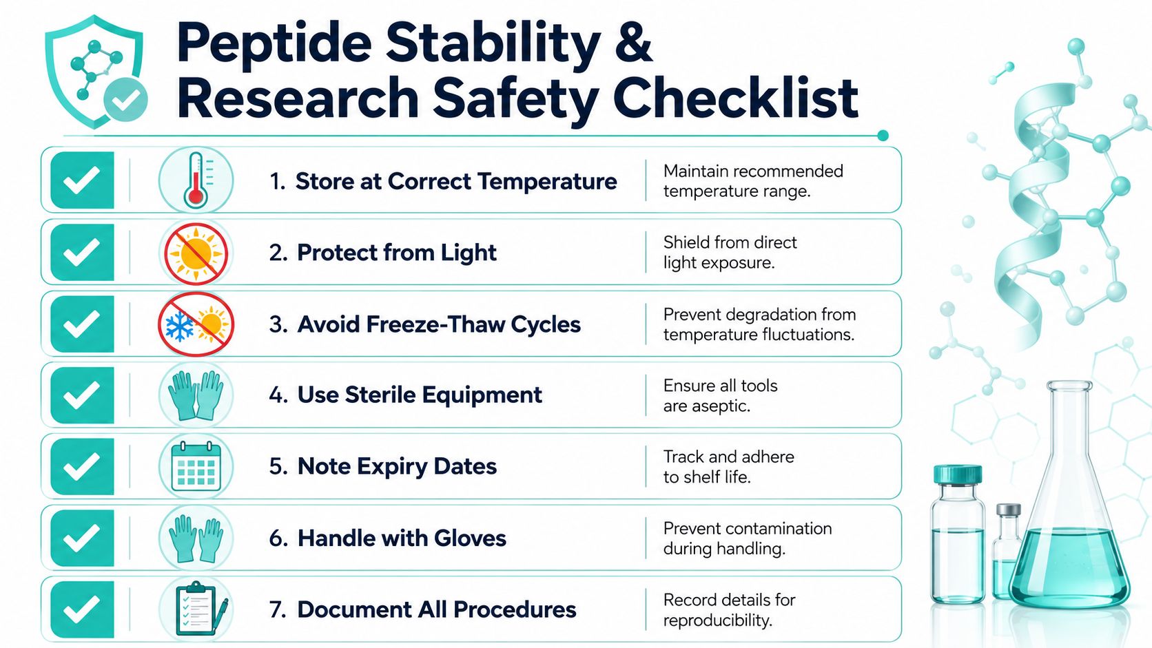 A safety checklist infographic for maintaining peptide stability, showing seven essential laboratory handling and storage guidelines.