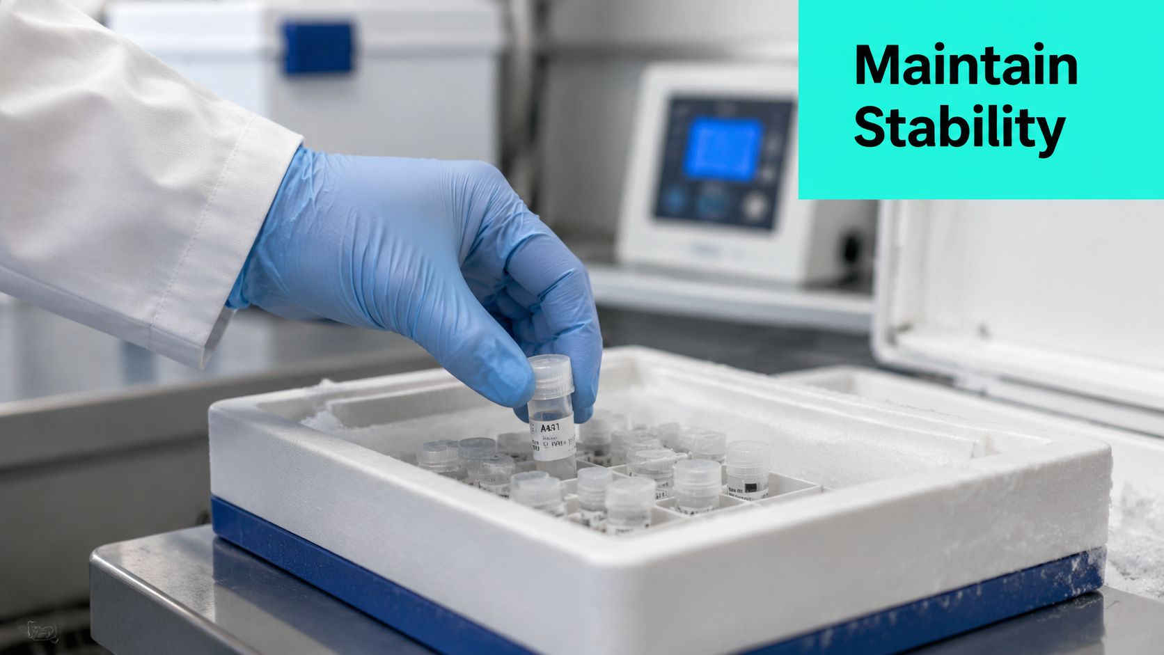 A gloved hand places a small sample vial into a laboratory cold storage box to maintain stability.