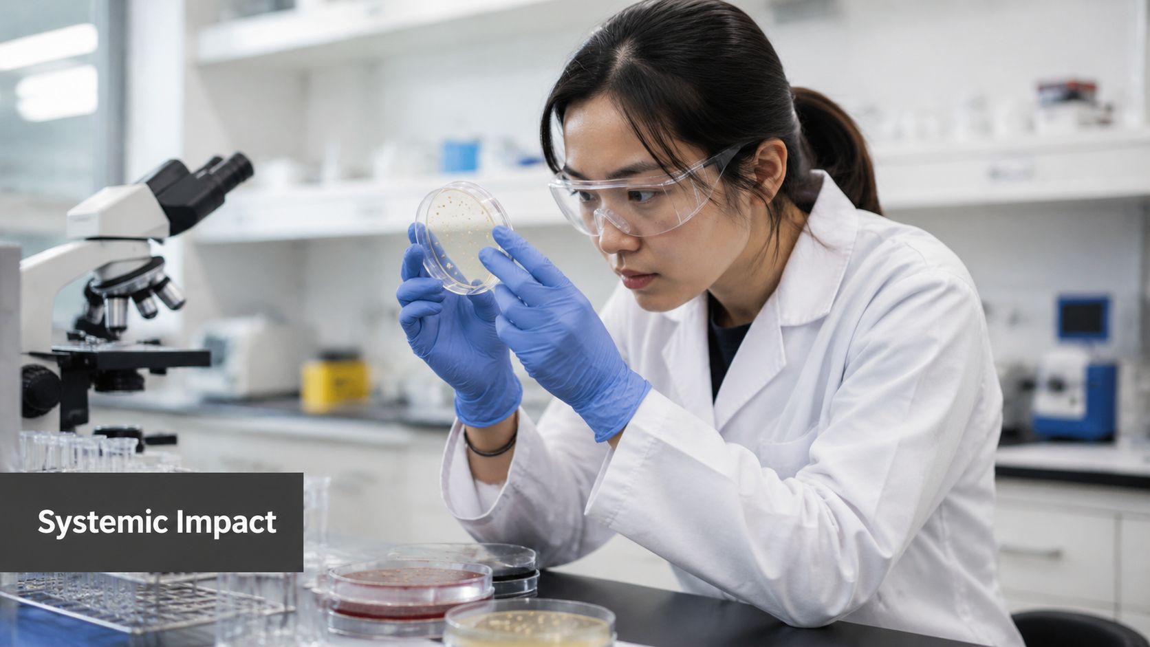 A female scientist in a laboratory holding and carefully examining a petri dish filled with bacterial cultures.