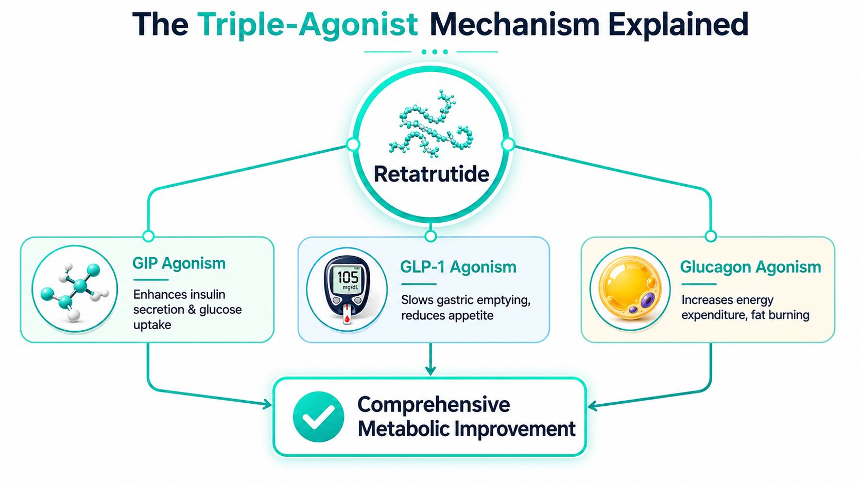 A diagram illustrating how Retatrutide acts as a triple-agonist to achieve comprehensive metabolic improvement in the body.