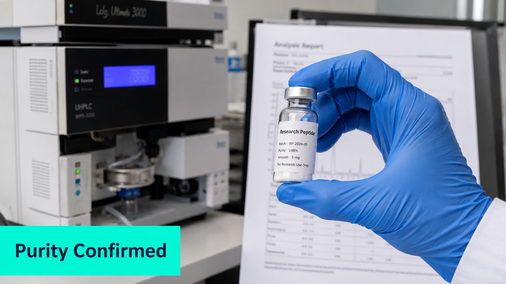 A scientist wearing blue gloves holding a glass vial of research peptide in a laboratory setting.