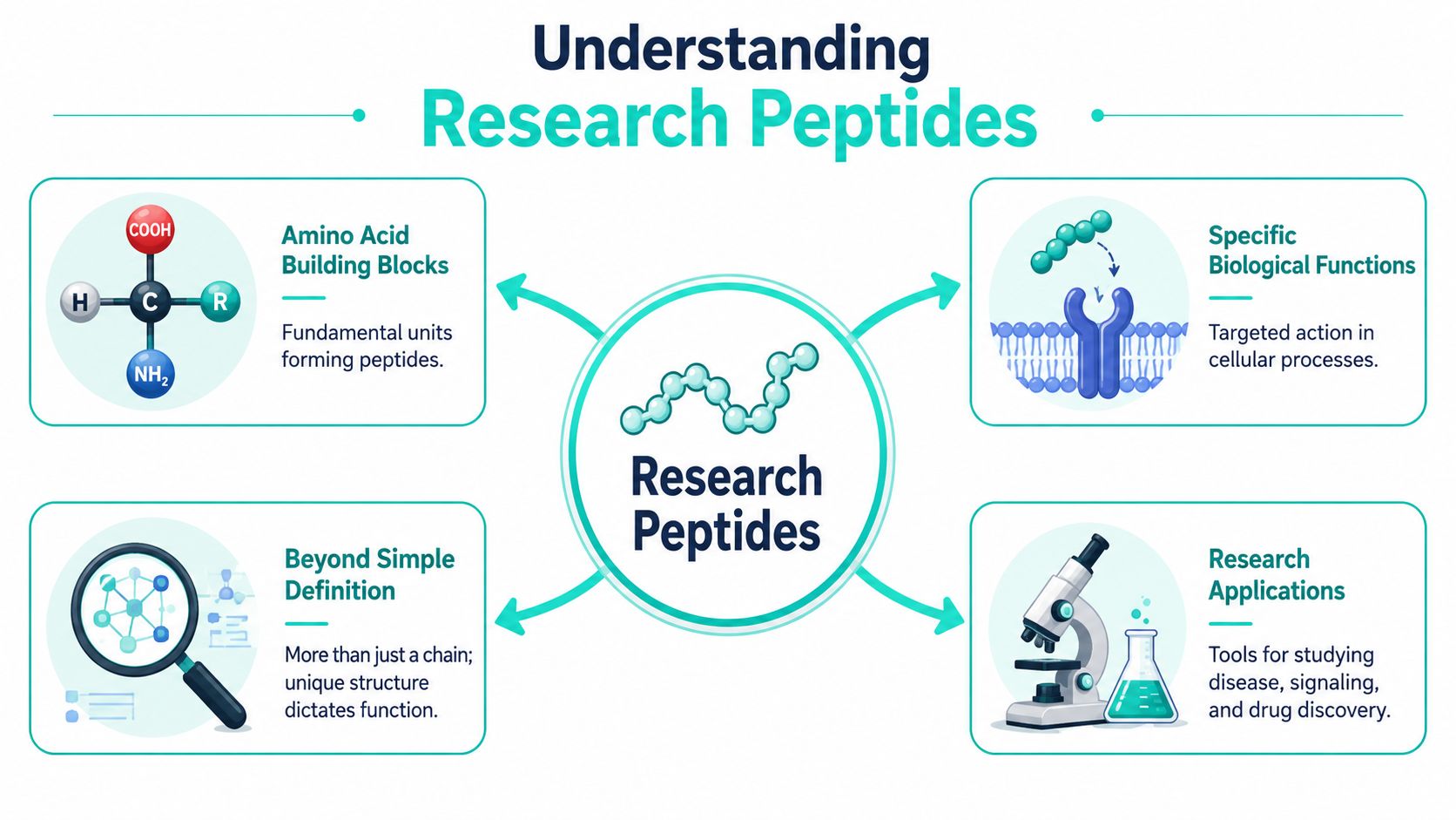 An infographic titled Understanding Research Peptides, illustrating their role, structural properties, biological functions, and research applications.