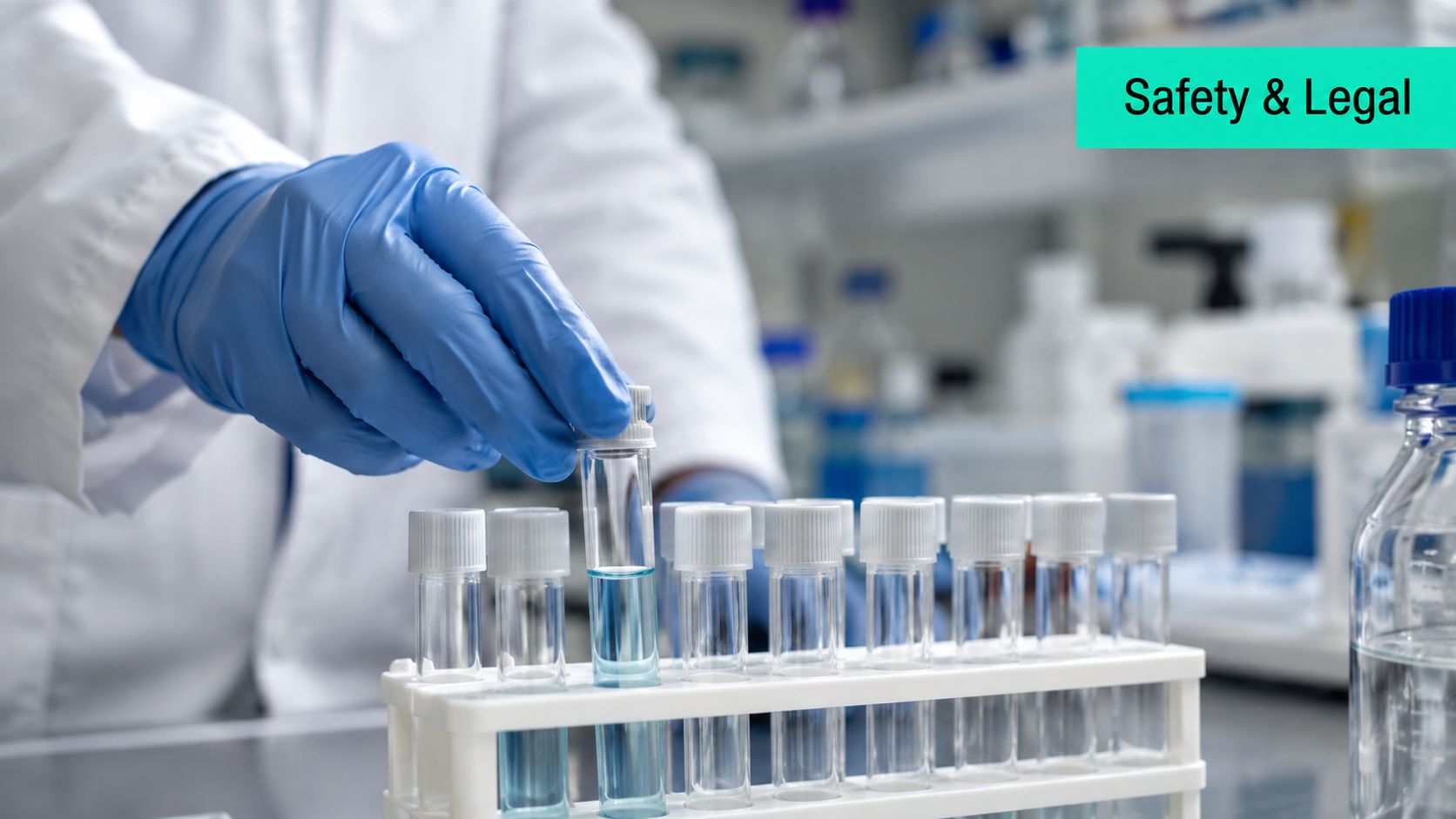 A scientist in a laboratory wearing blue gloves holding a glass test tube filled with blue liquid.