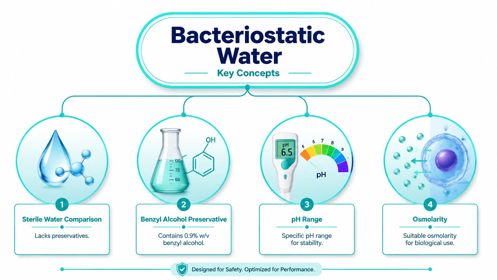 An infographic detailing the four key concepts of bacteriostatic water, including sterile water comparison, benzyl alcohol, pH, and osmolarity.