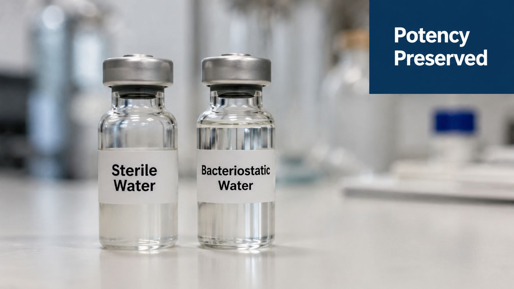 Two clear glass vials filled with liquid, labeled Sterile Water and Bacteriostatic Water on a table.
