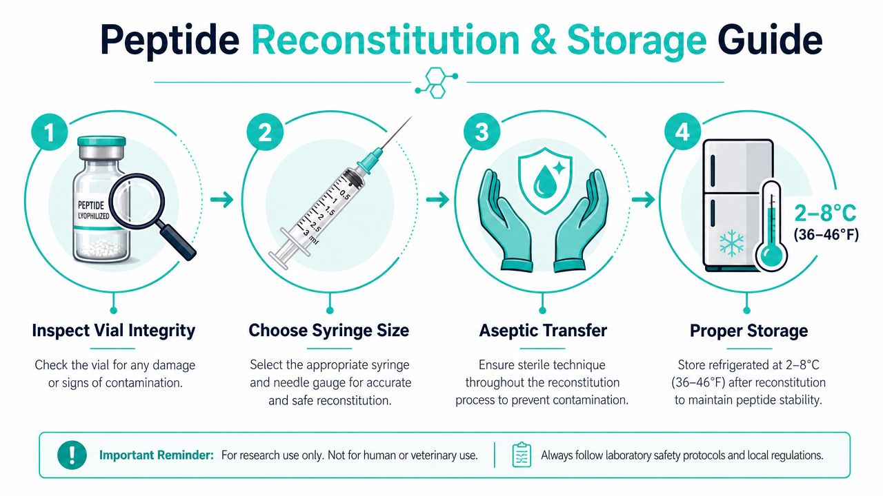 A four-step infographic guide explaining the process of reconstituting and storing lyophilized peptides safely and sterilely.