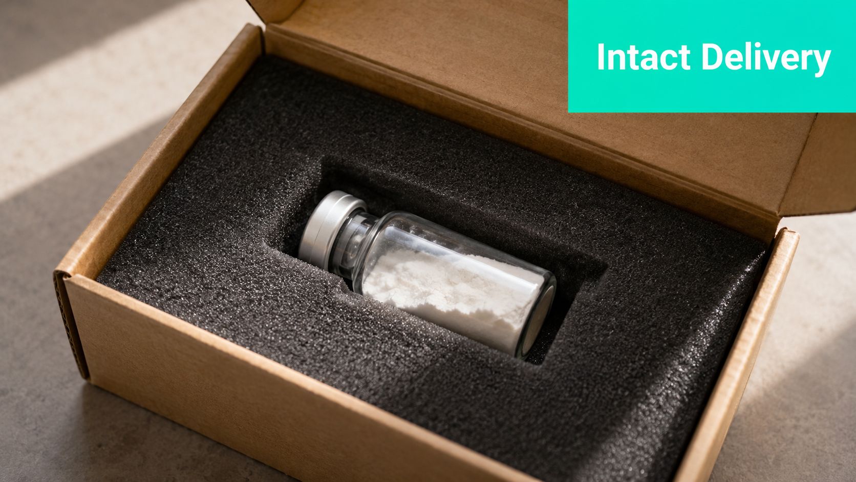 A glass vial containing white peptide powder secured in protective foam inside a cardboard shipping box.