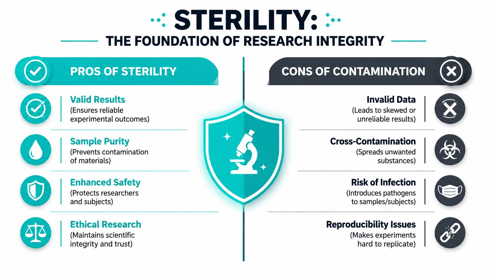 An infographic comparing the benefits of sterility in research versus the negative consequences of laboratory contamination.