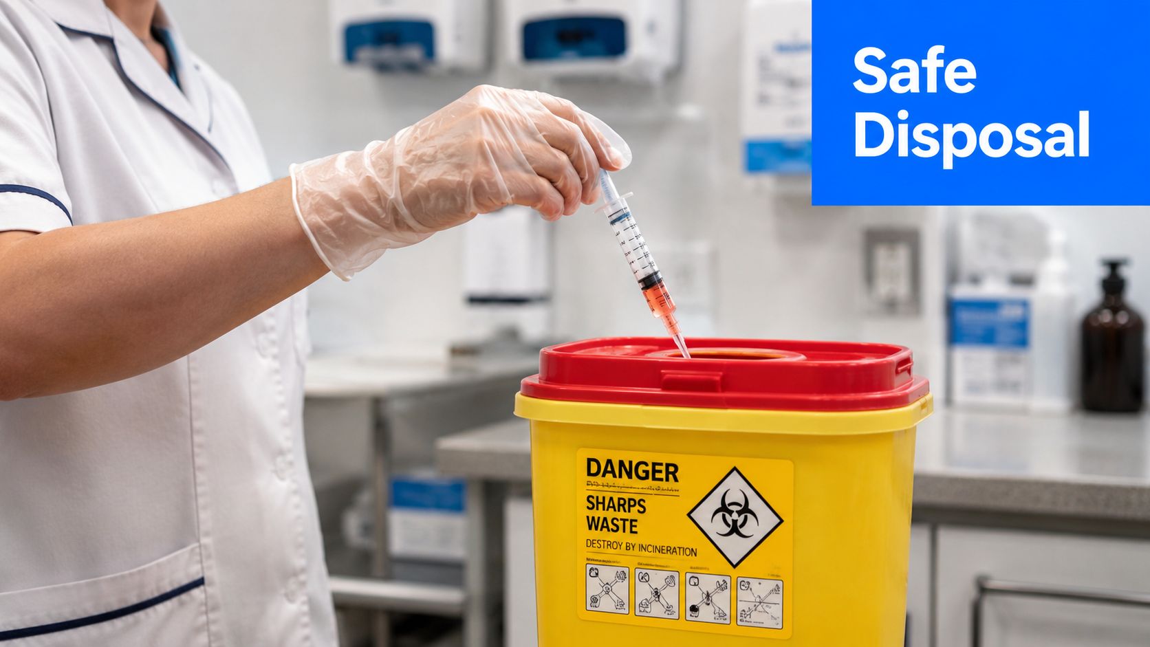 A healthcare worker wearing gloves disposing of a used syringe into a yellow sharps waste container.