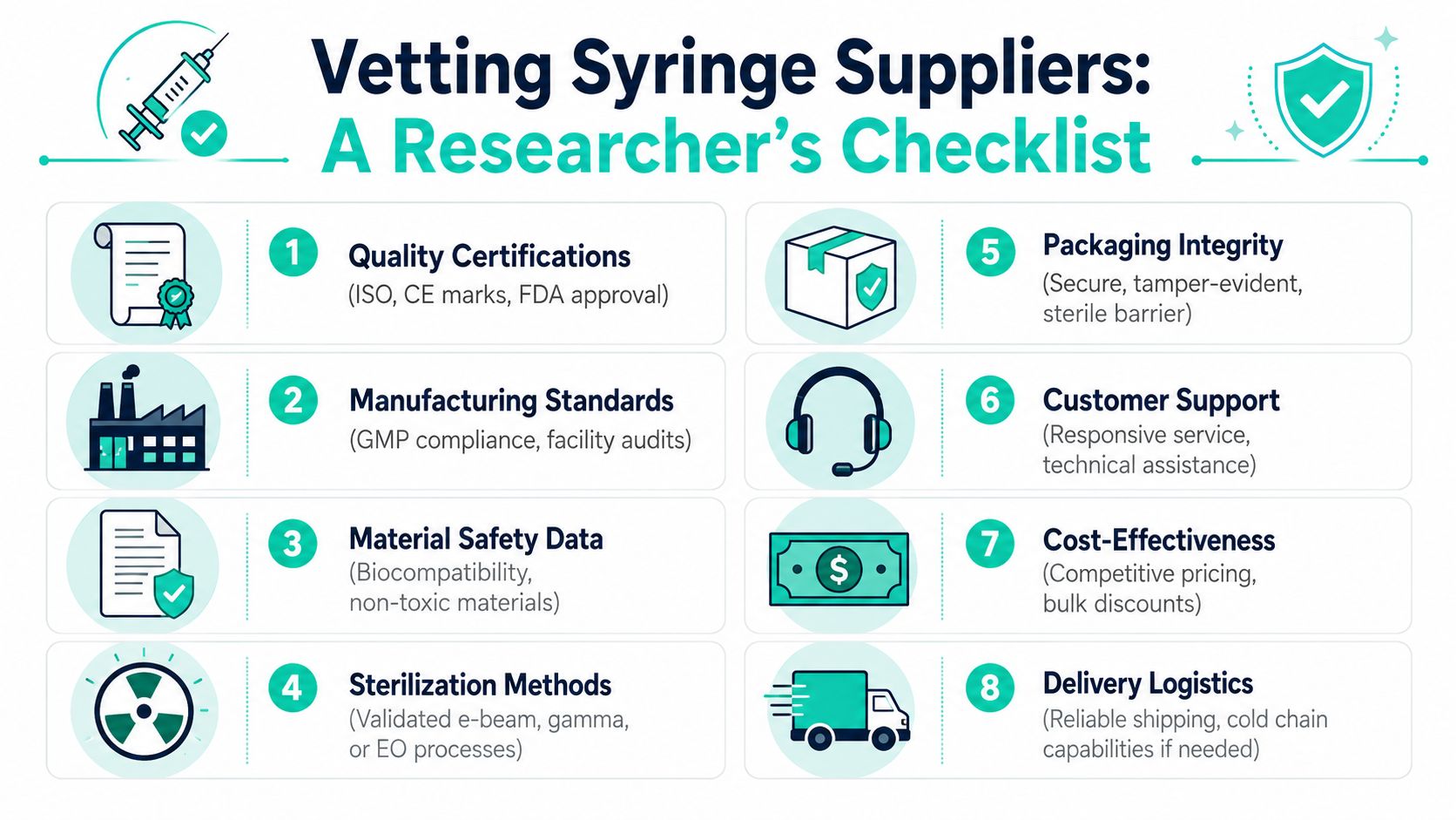A checklist for researchers to evaluate and vet potential medical syringe and needle suppliers for quality assurance.
