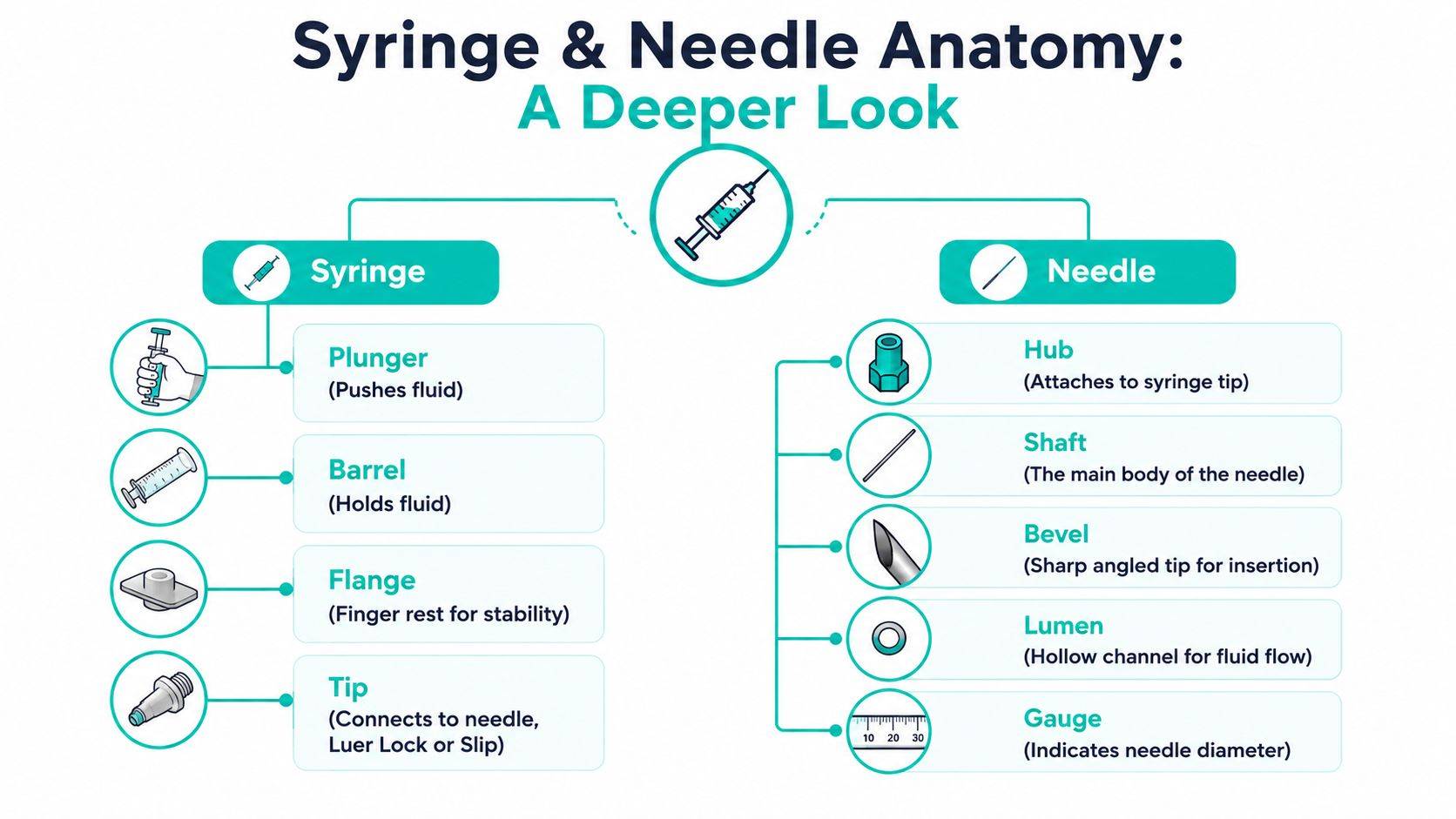 A detailed infographic showing the labeled anatomy of a syringe and a needle with brief descriptions.