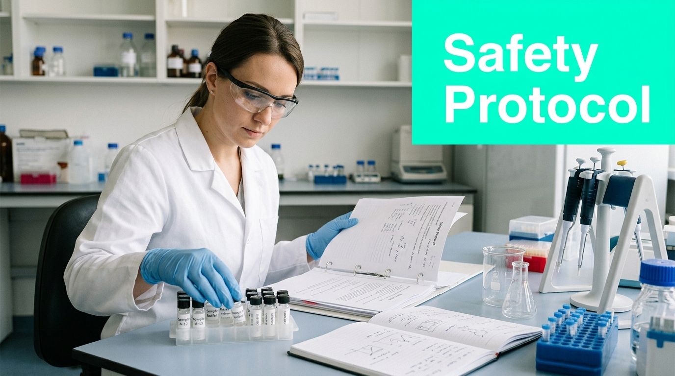 A female scientist in a white coat and goggles reviews documents while organizing small chemical vials in a laboratory.
