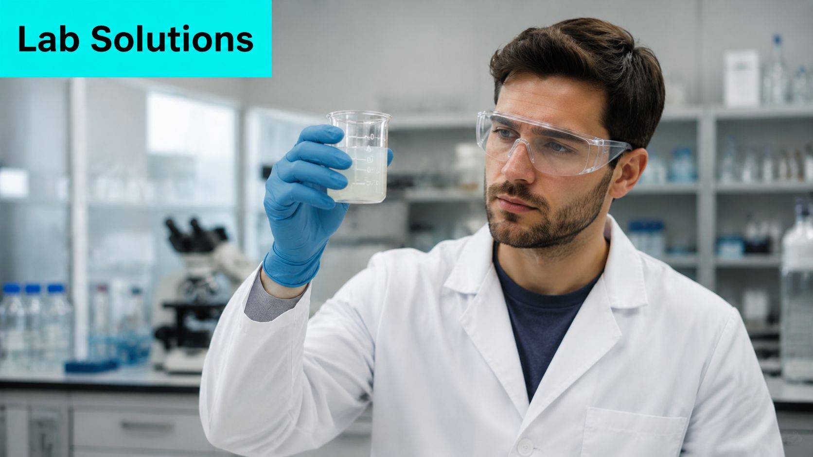 A professional male scientist in a lab coat and safety goggles examining a liquid-filled beaker.