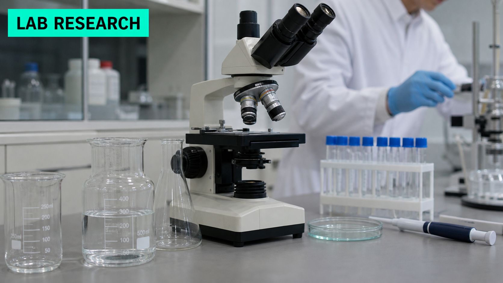 A laboratory setting with a microscope, glassware, and a scientist wearing gloves conducting research experiments.