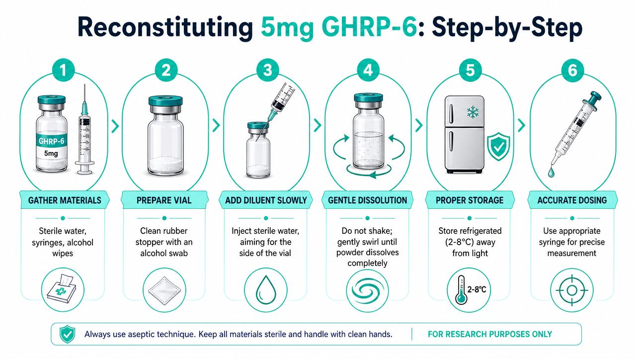 A step-by-step infographic illustrating the professional reconstitution process for 5mg GHRP-6 research peptide vials.