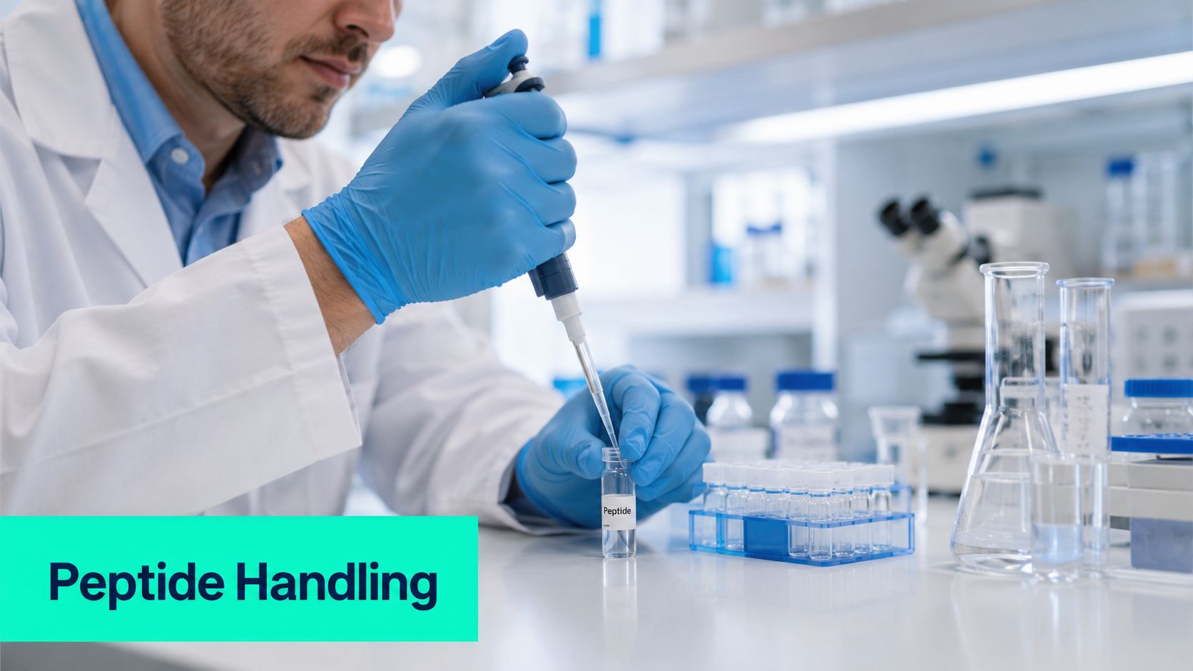 A scientist in a laboratory wearing blue gloves using a pipette to transfer liquid into a peptide vial.
