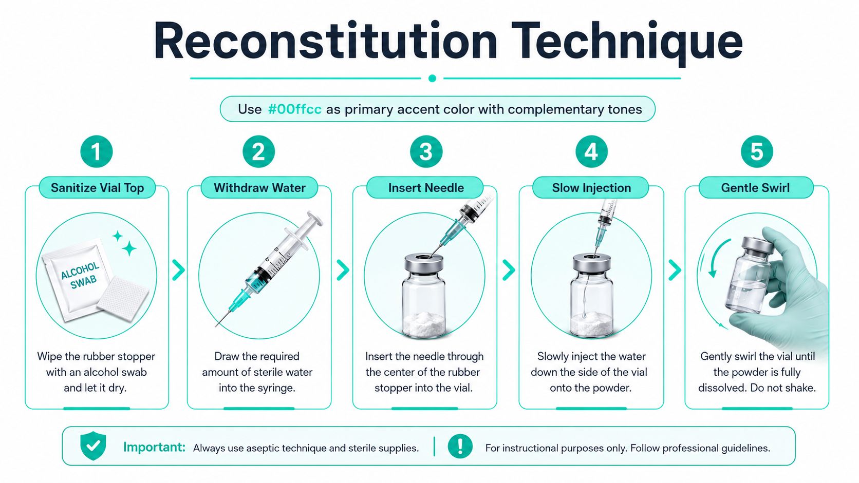 An infographic showing five steps for the reconstitution technique of a sterile injectable medication vial.