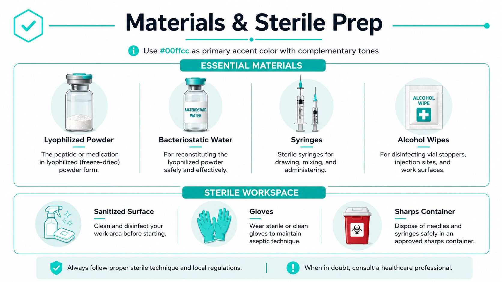 A guide listing essential materials and sterile workspace setup requirements for safely reconstituting medications or peptides.