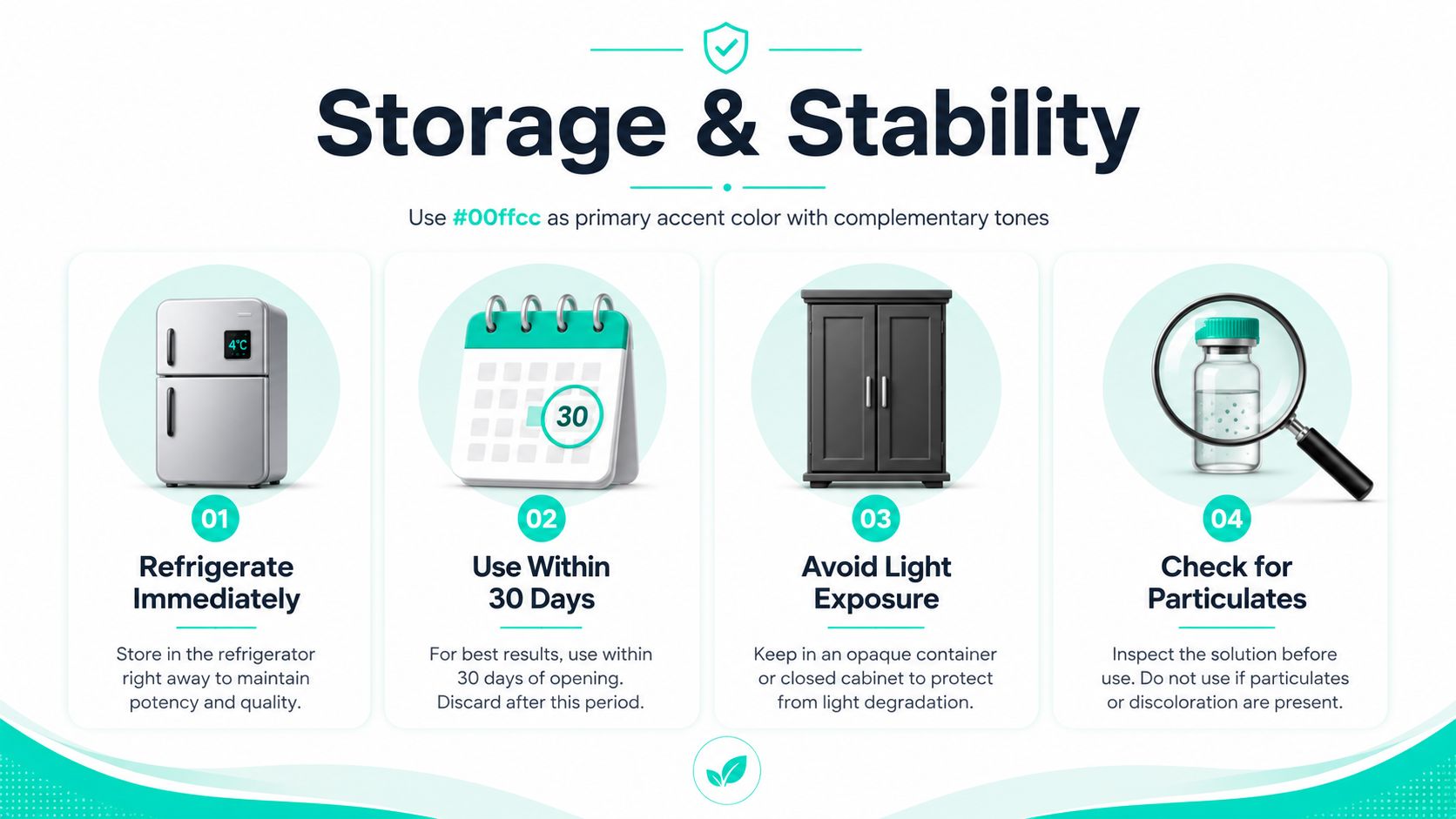 An infographic titled Storage and Stability showing four steps for safely maintaining medication quality and potency.