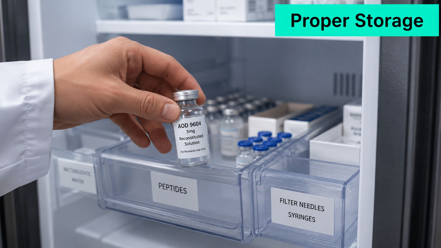 A gloved hand holding a vial of AOD 9604 reconstituted solution inside a medical refrigerator for storage.