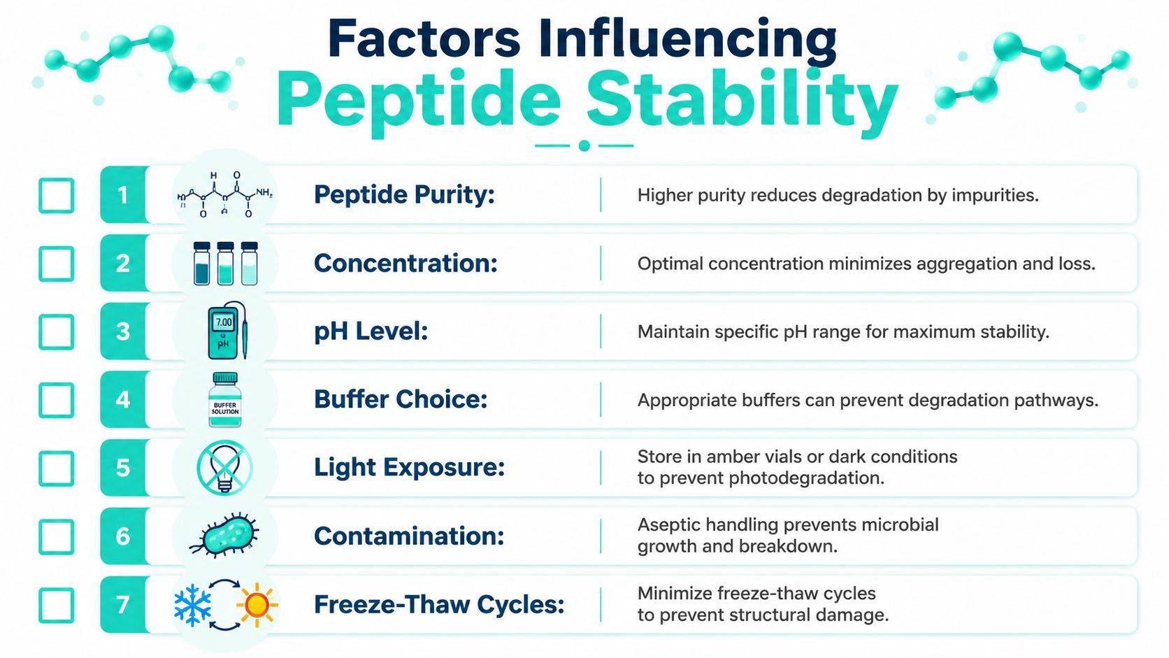 A list of seven key factors influencing peptide stability including purity, concentration, pH, and storage conditions.