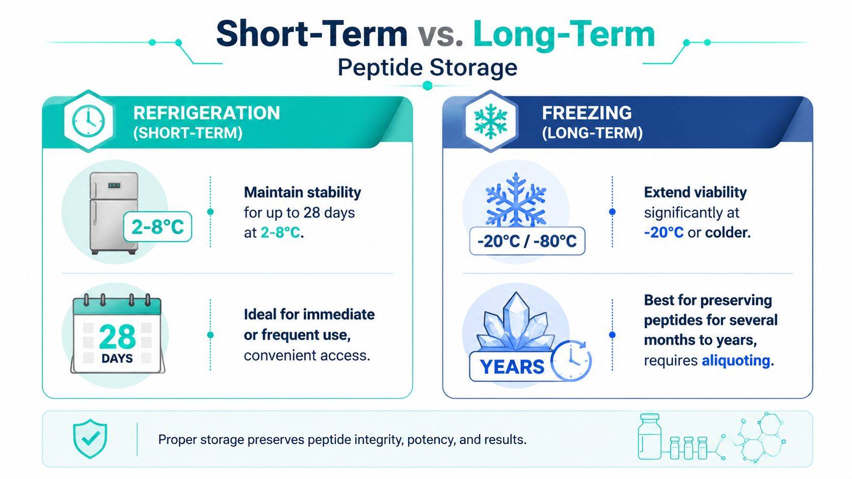 An infographic showing guidelines for short-term refrigeration and long-term freezing storage of peptides.