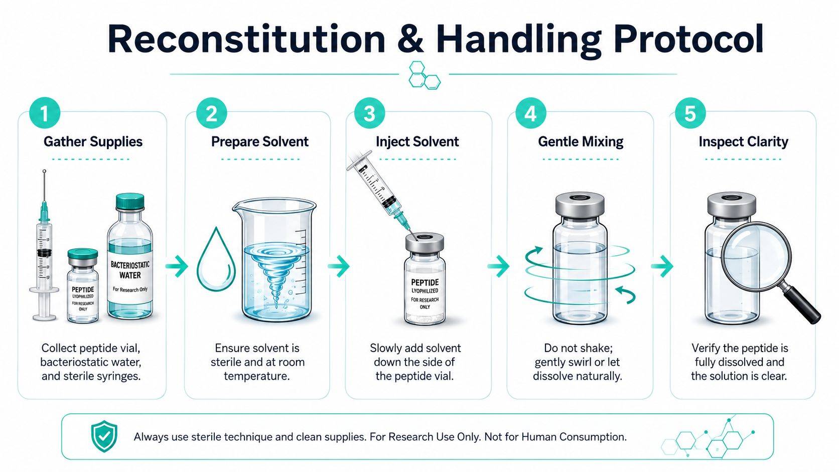 A step-by-step infographic illustrating the professional protocol for reconstituting lyophilized peptides safely using sterile technique.