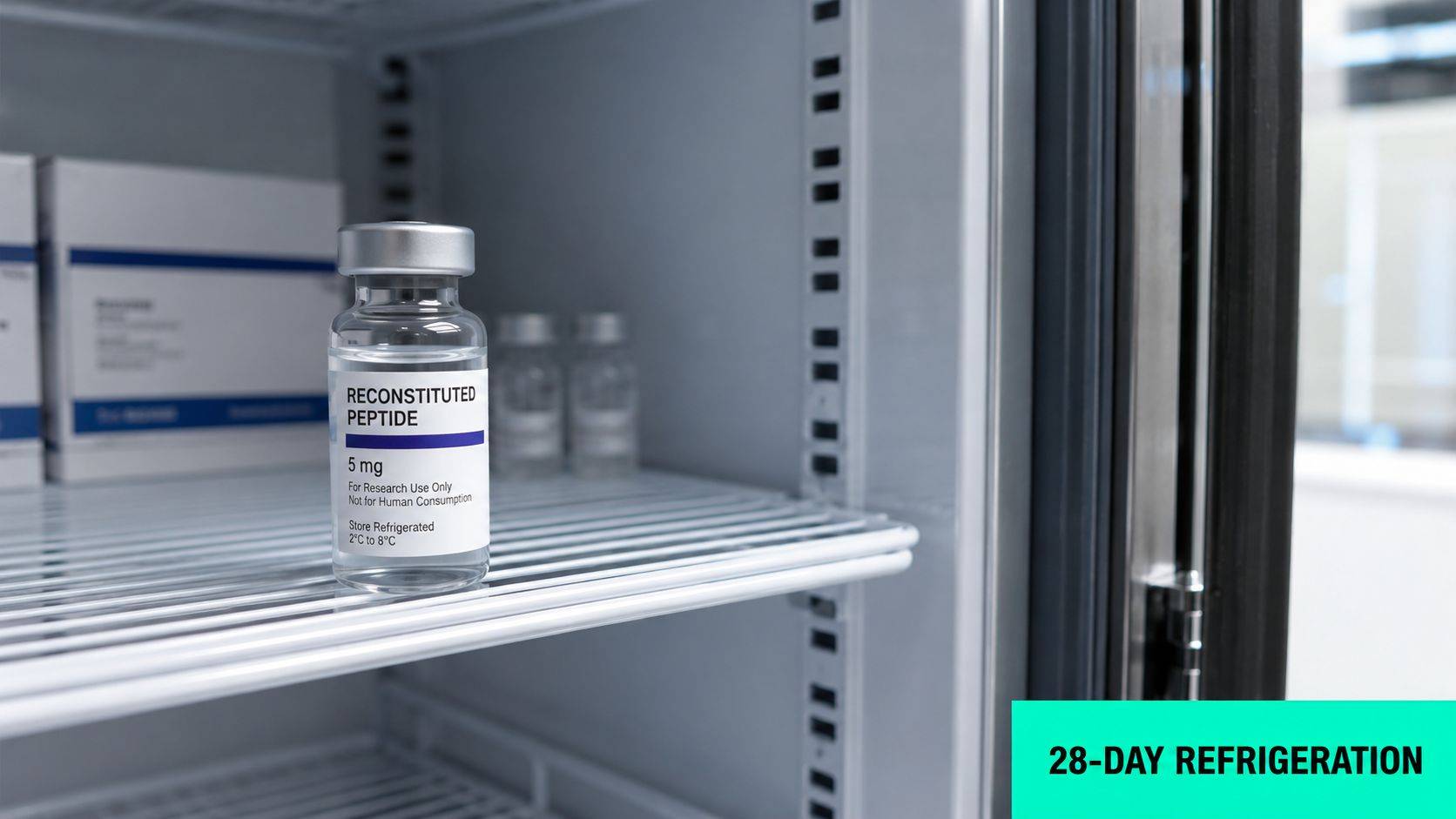 A vial of reconstituted peptide stored inside a laboratory refrigerator at the proper cold temperature.