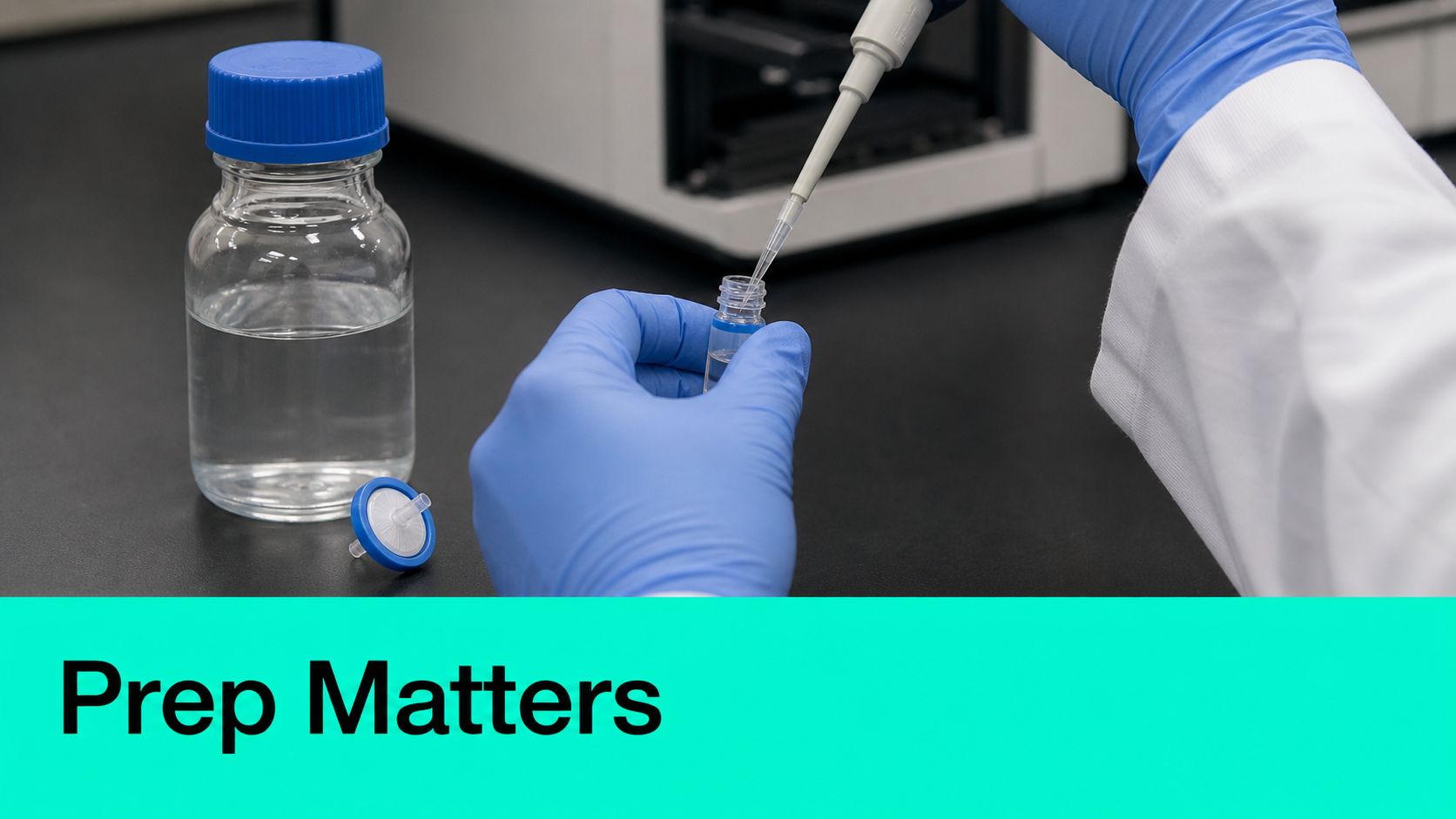 A laboratory scientist in blue gloves uses a pipette to prepare a sample for analysis.