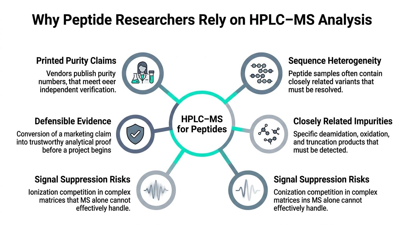 A diagram explaining why peptide researchers rely on HPLC-MS analysis for verification and quality control.