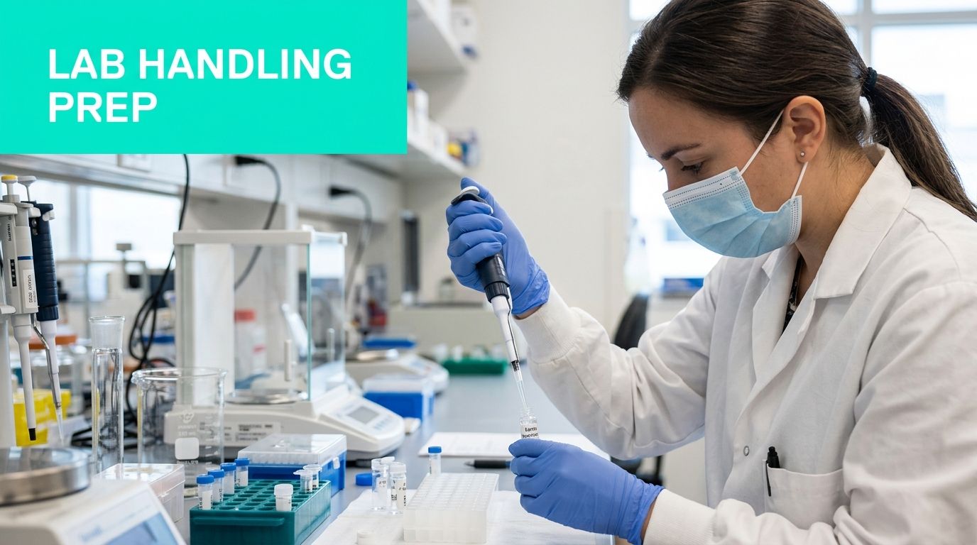 A female scientist in a lab coat and mask carefully using a pipette to transfer liquid into a vial.
