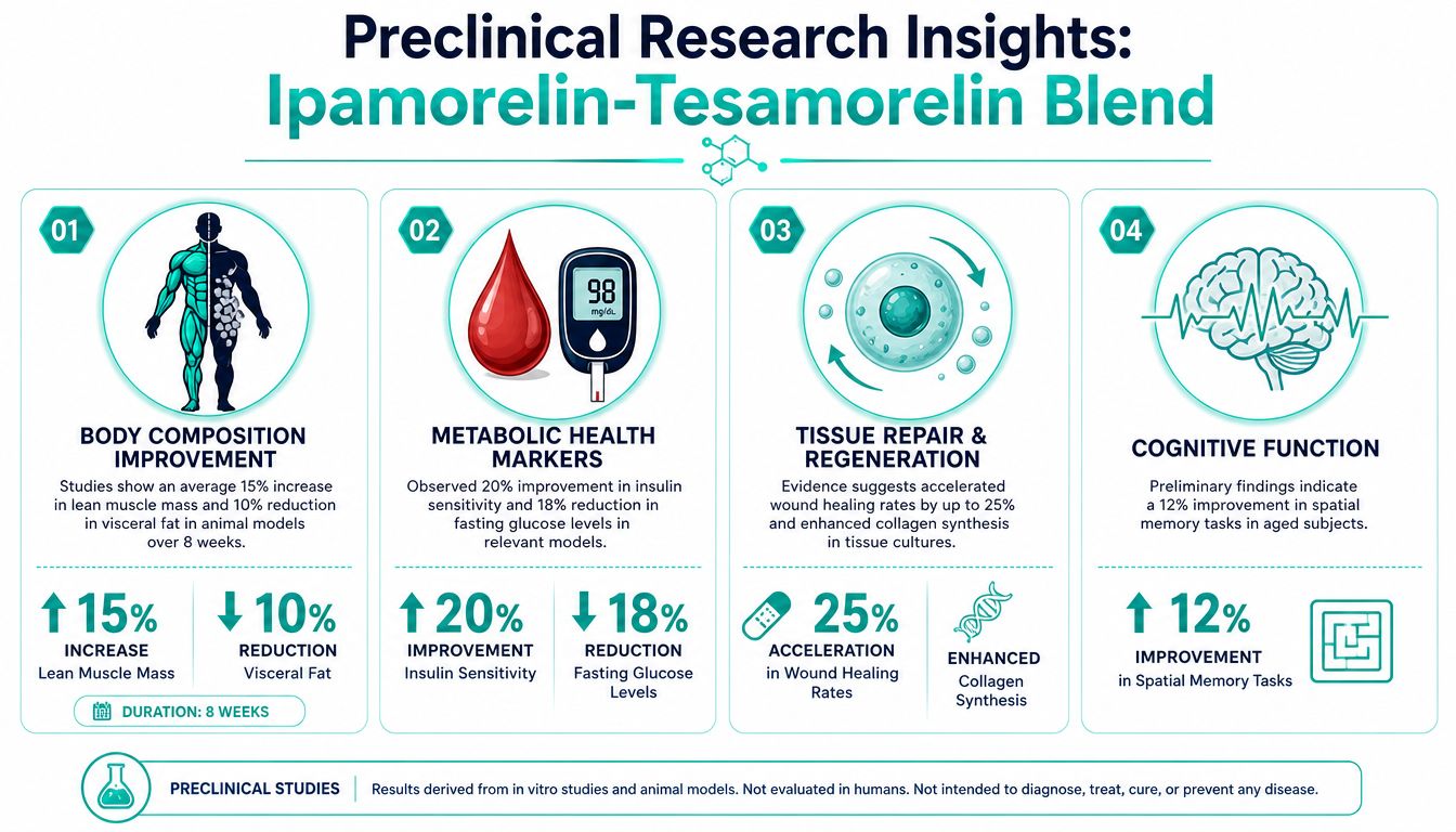 An infographic summarizing preclinical research insights on the benefits of the Ipamorelin-Tesamorelin peptide blend for various health metrics.