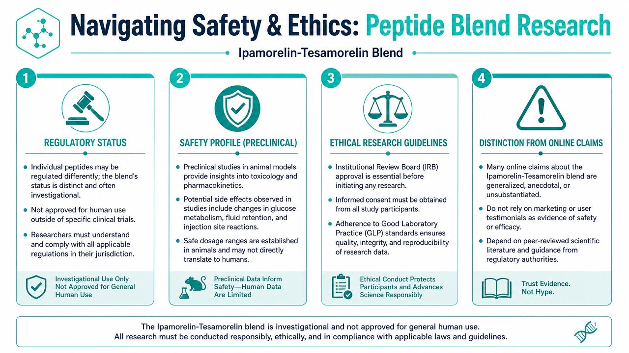 An infographic detailing safety and ethical considerations for research involving the Ipamorelin-Tesamorelin peptide blend.