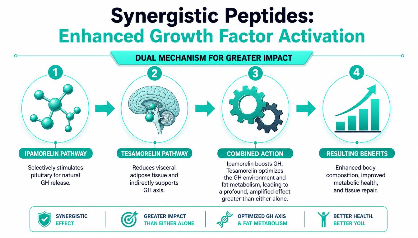 A diagram illustrating the synergistic benefits of combining Ipamorelin and Tesamorelin for enhanced growth factor activation.