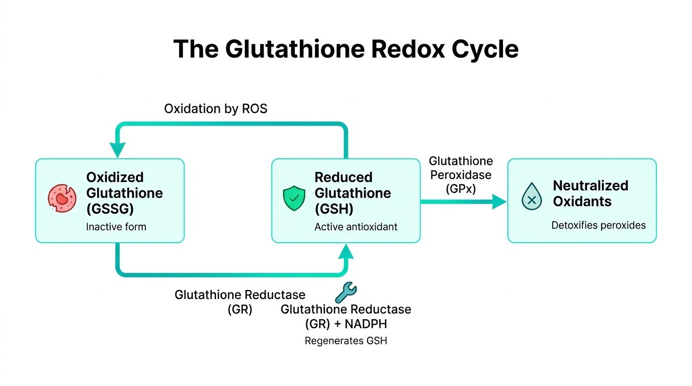 A diagram illustrating the Glutathione Redox Cycle, showing the conversion between reduced GSH and oxidized GSSG forms.