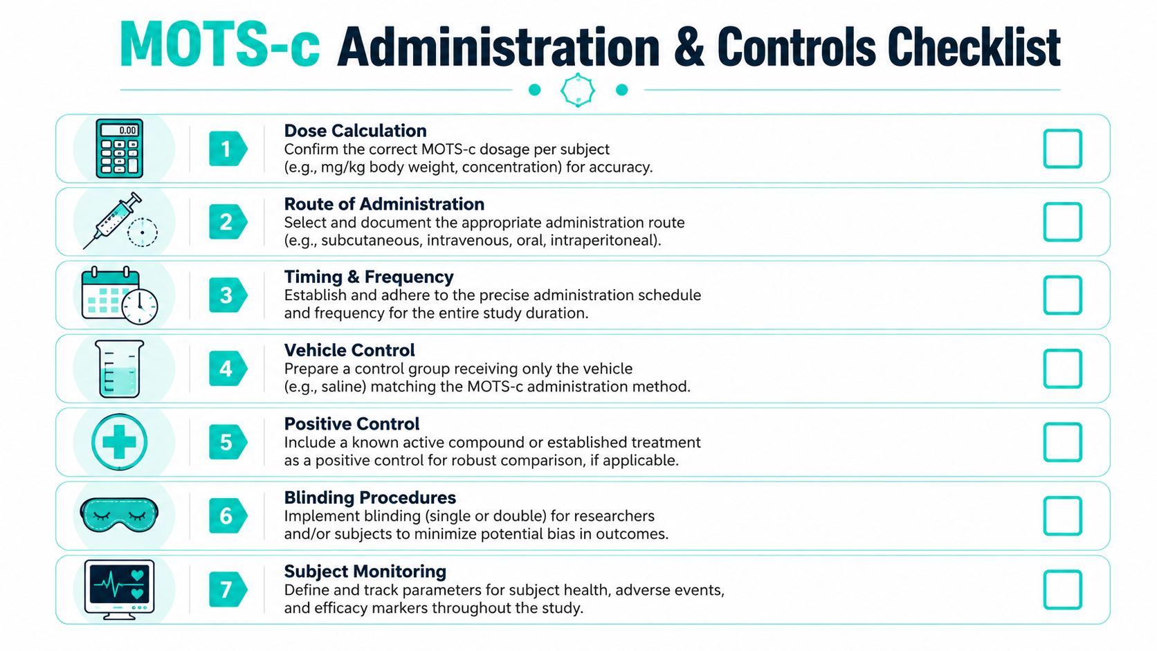 A checklist outlining the seven key procedures for MOTS-c administration and experimental control for research studies.