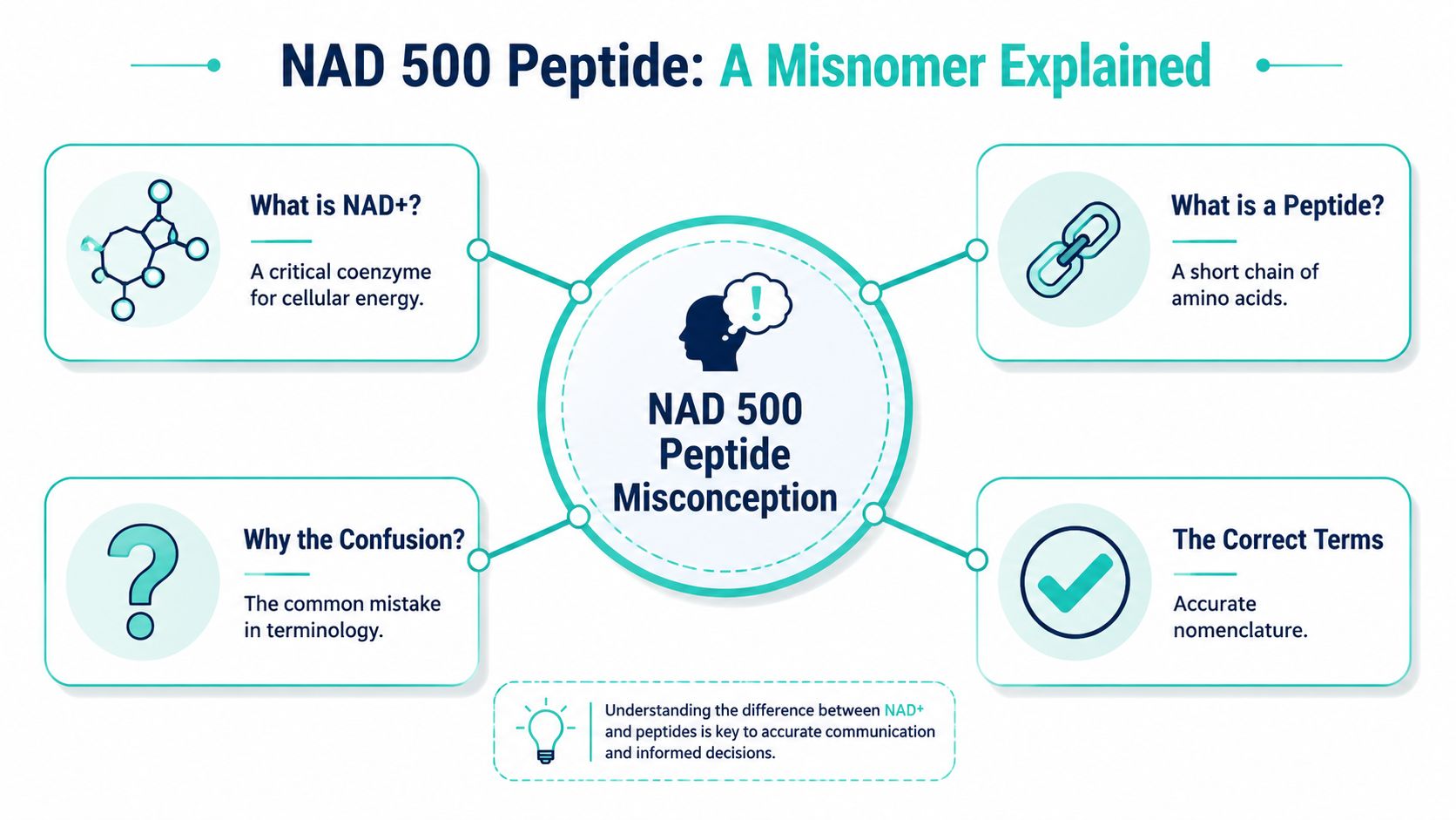 An infographic titled NAD 500 Peptide explaining the scientific misconception between NAD plus and peptide terminology.