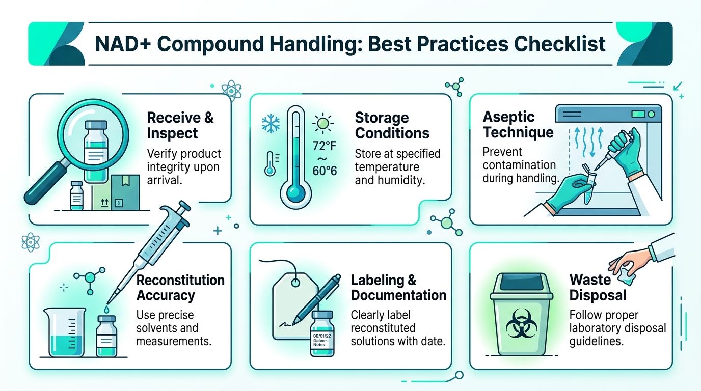 An infographic detailing the best practice safety and handling procedures for NAD+ compound laboratory materials.