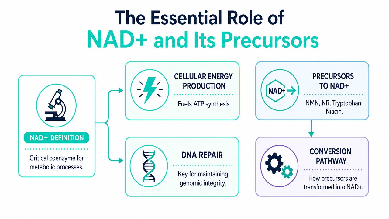 A diagram illustrating the essential role of NAD+ in cellular energy production, DNA repair, and precursor conversion.