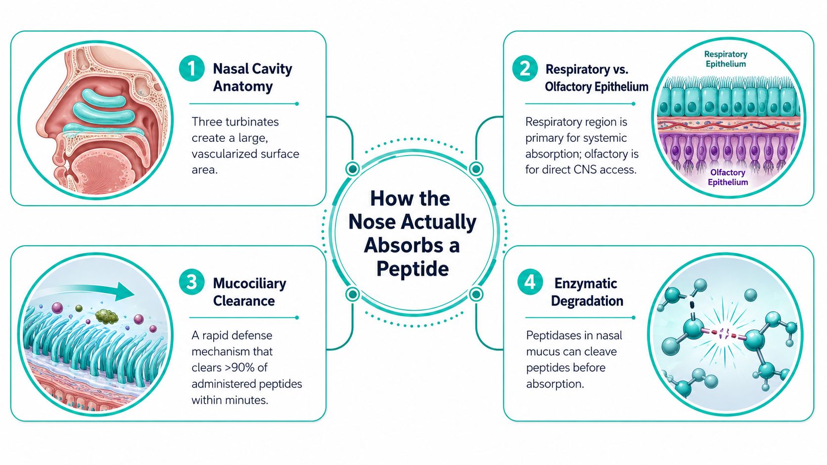A medical infographic showing four key factors that influence how the nose absorbs a peptide medication.