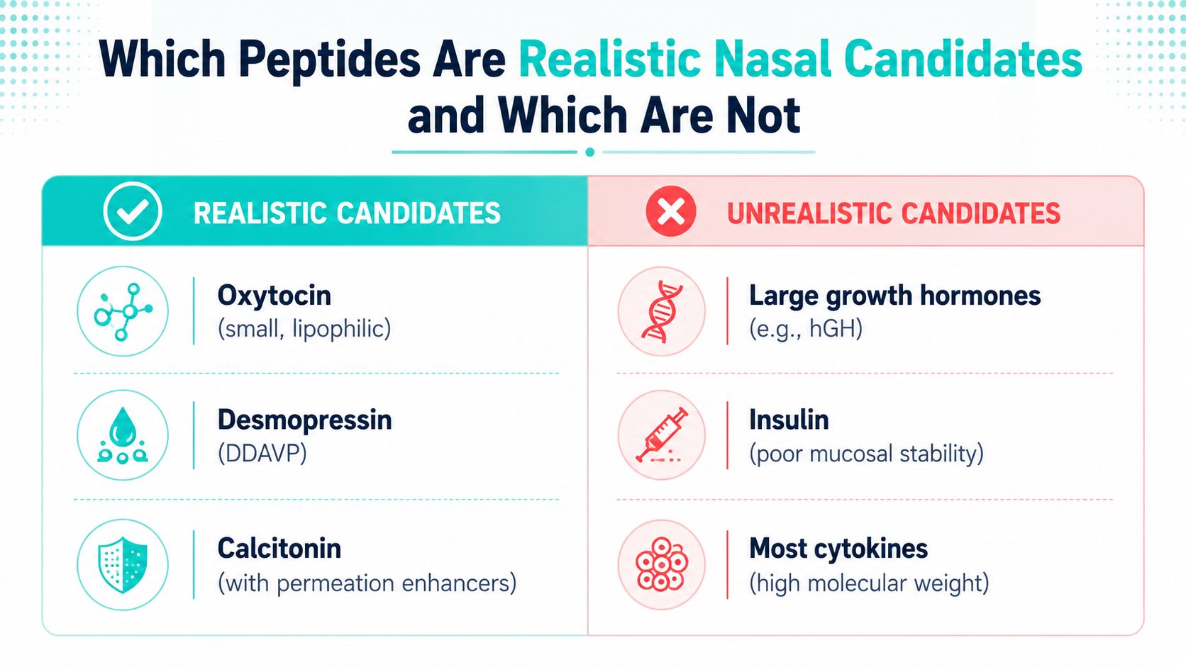 A table comparing peptides that are realistic or unrealistic candidates for nasal administration based on their properties.