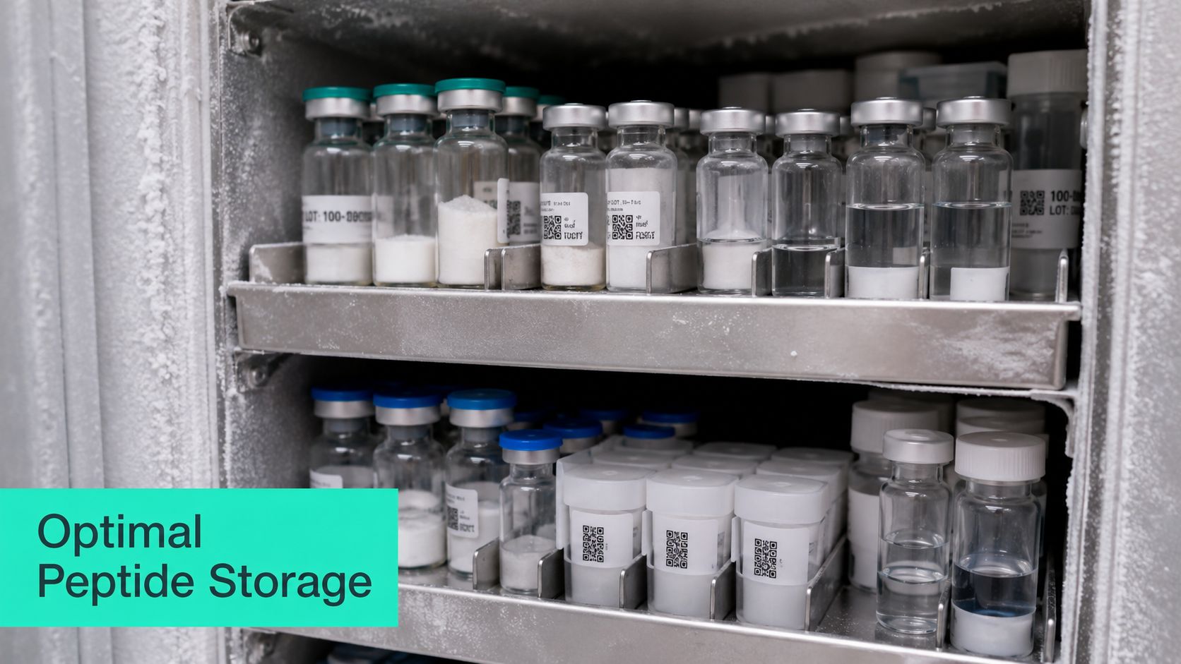 A close-up of a laboratory freezer shelf filled with various peptide vials and storage containers.