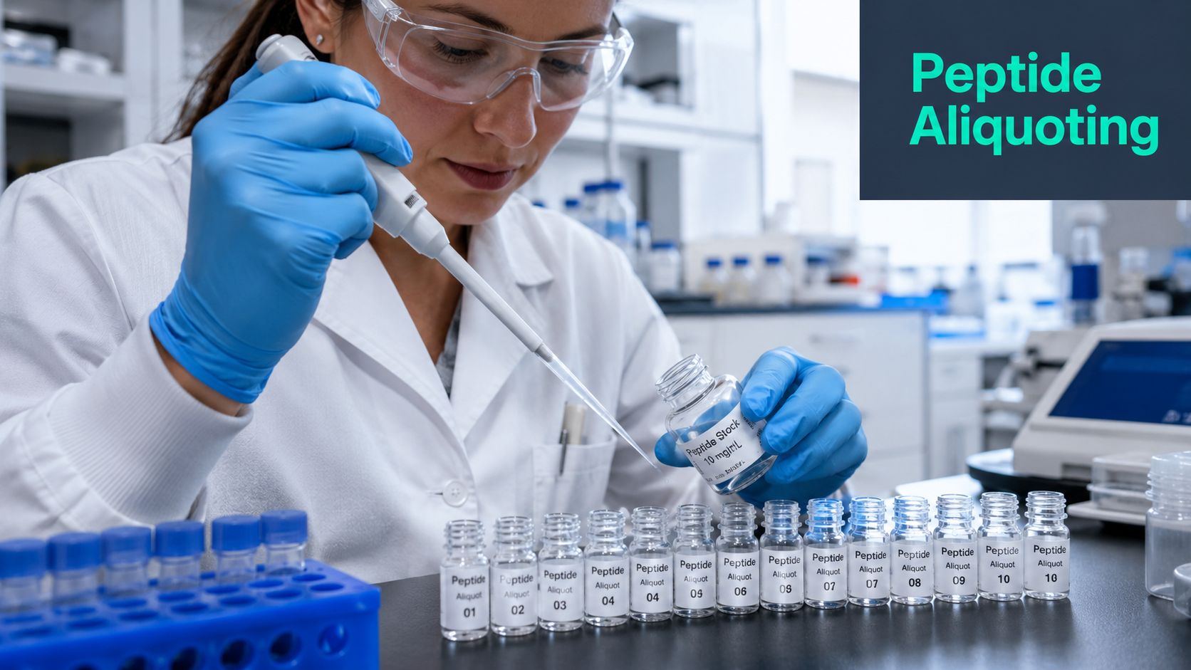 A scientist in a laboratory using a pipette to distribute peptide stock solution into labeled glass vials.