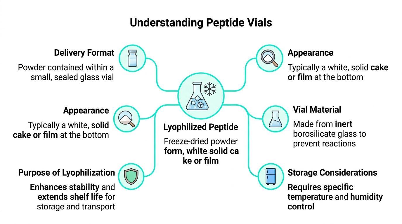 A diagram illustrating the key features, appearance, and storage requirements for lyophilized peptide vials.