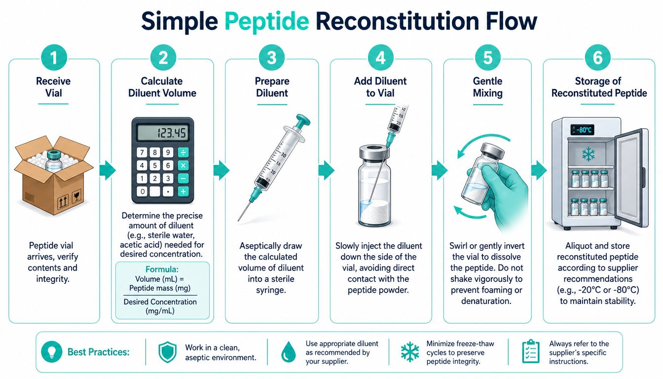 A six-step infographic detailing the safe and professional process for the reconstitution of a peptide vial.