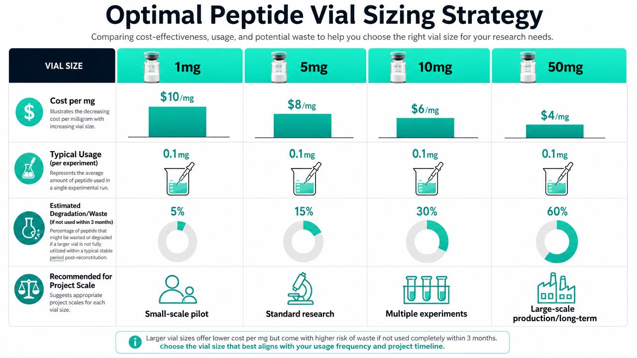 A comparative infographic showing the cost-effectiveness, usage, and waste risks of different peptide vial sizes.