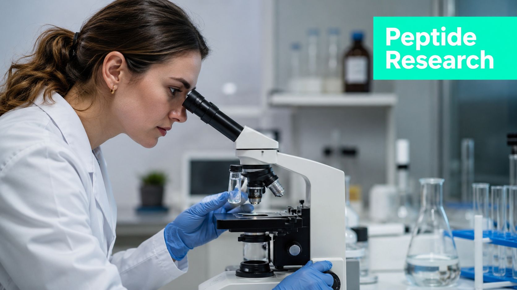 A female scientist in a white coat and blue gloves examining a sample through a laboratory microscope.